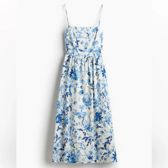 H&M linen blend midi dress sundress floral square neck spaghetti strap classic - Picture 5 of 15